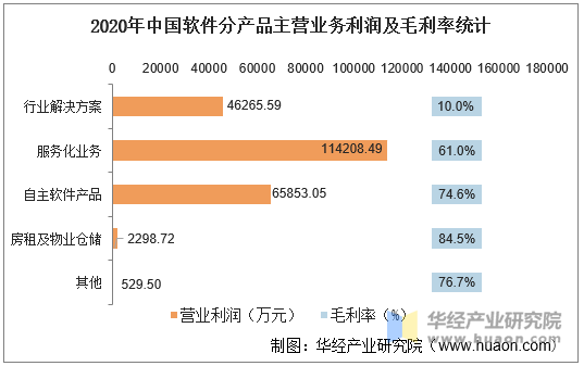 2020年中国软件分产品主营业务利润及毛利率统计