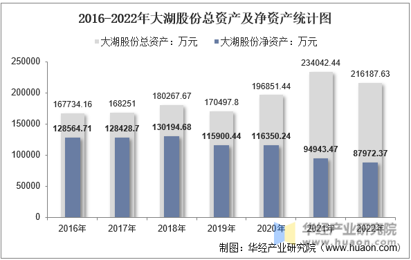 2016-2022年大湖股份总资产及净资产统计图