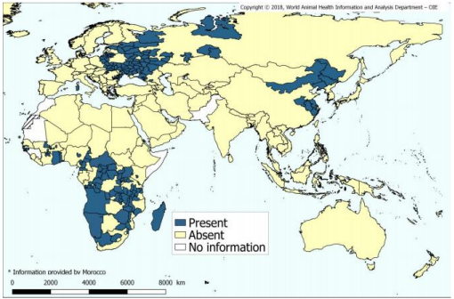 2016-2018年全球非洲猪瘟疫情图