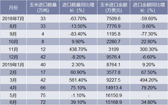 2018-2019年6月中国玉米进口情况统计表