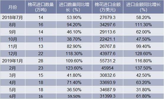 2018-2019年6月中国棉花进口情况统计表