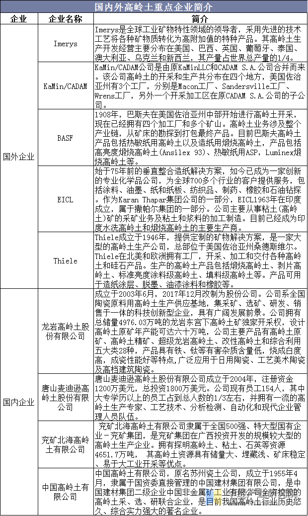 国内外高岭土重点企业简介