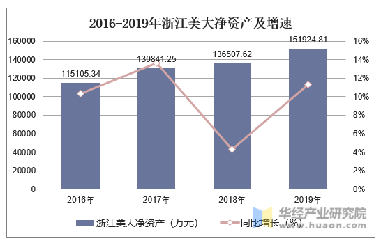 2016-2019年浙江美大净资产及增速