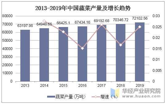 2013-2019年中国蔬菜产量及增长趋势