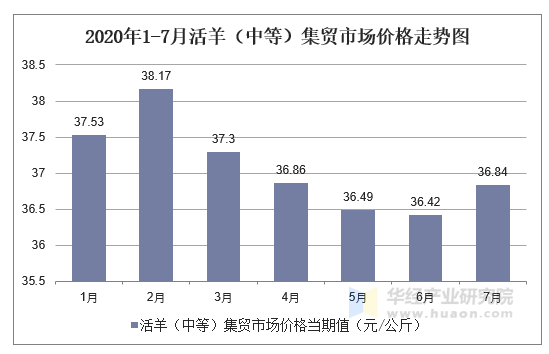 2020年1-7月活羊（中等）集贸市场价格走势图