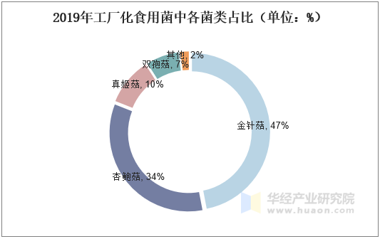 2019年工厂化食用菌中各菌类占比（单位：%）