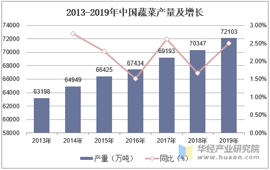 2013-2019年中国蔬菜产量及增长