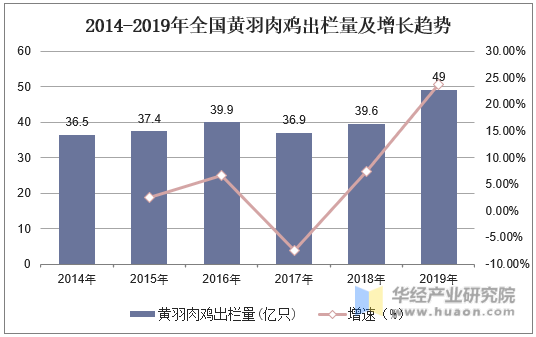 2014-2019年全国黄羽肉鸡出栏量及增长趋势