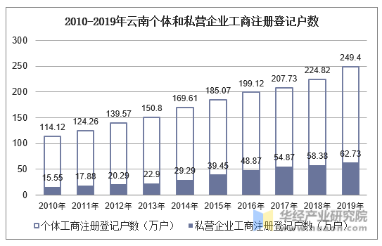 2010-2019年云南个体和私营企业工商注册登记户数