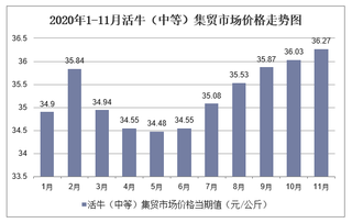 2020年1-11月活牛（中等）集贸市场价格走势及增速分析