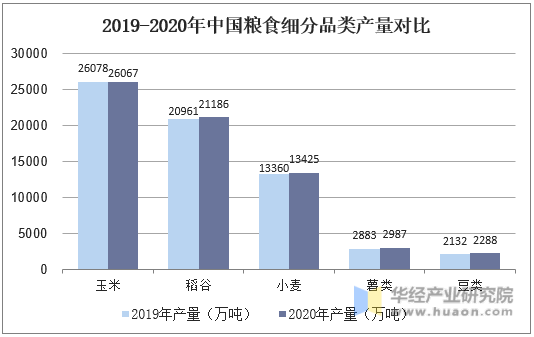 2019-2020年中国粮食细分品类产量对比