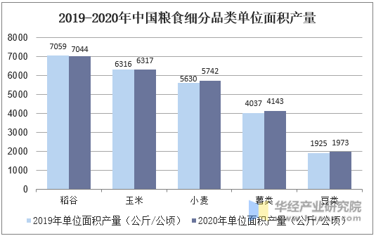 2019-2020年中国粮食细分品类单位面积产量