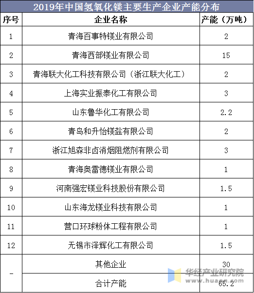 2019年中国氢氧化镁主要生产企业产能分布