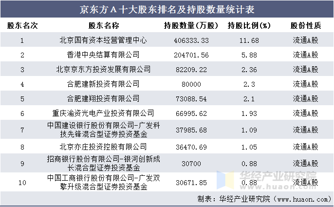 京东方Ａ十大股东排名及持股数量统计表