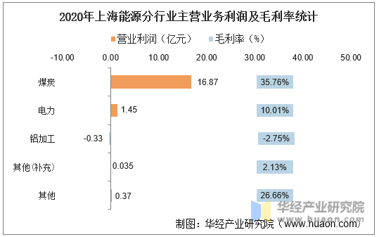 2020年上海能源分行业主营业务利润及毛利率统计