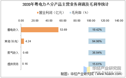 2020年粤电力Ａ分产品主营业务利润及毛利率统计