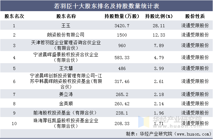 若羽臣十大股东排名及持股数量统计表