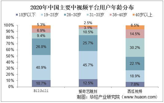 2020年中国主要中视频平台用户年龄分布
