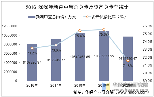 2016-2020年新湖中宝总负债及资产负债率统计