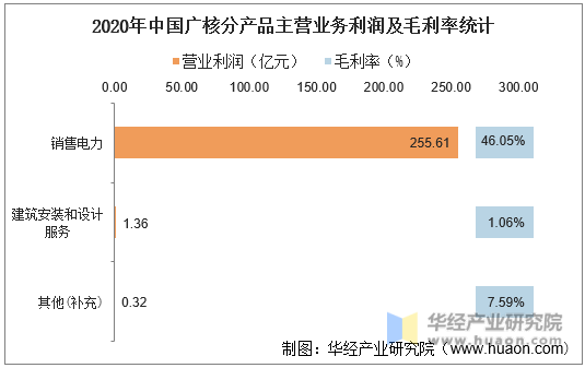 2020年中国广核分产品主营业务利润及毛利率统计