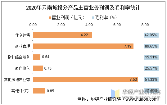 2020年云南城投分产品主营业务利润及毛利率统计