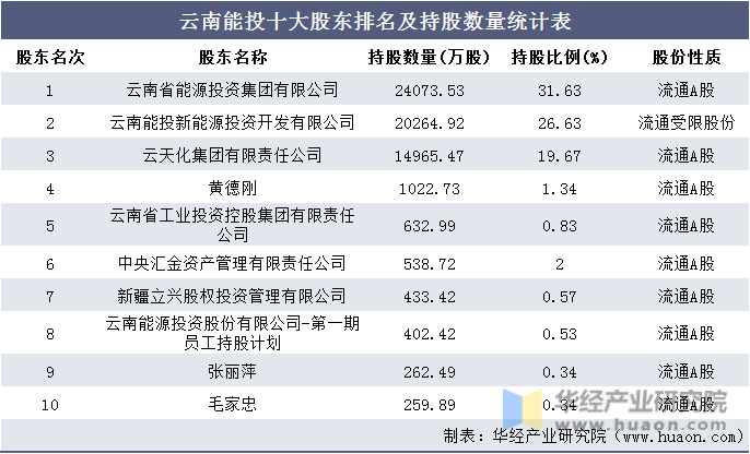 云南能投十大股东排名及持股数量统计表