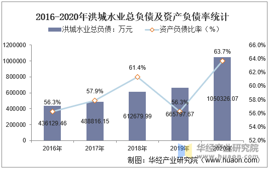 2016-2020年洪城水业总负债及资产负债率统计