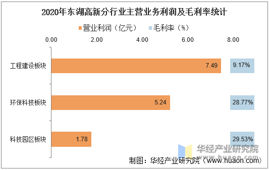 2020年东湖高新分行业主营业务利润及毛利率统计