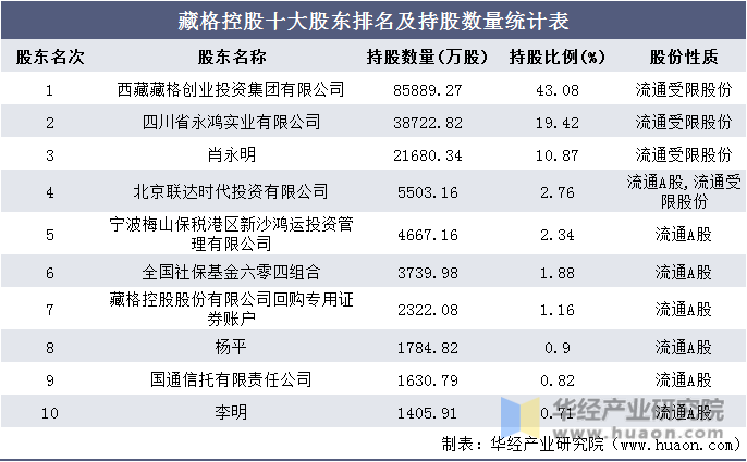 藏格控股十大股东排名及持股数量统计表