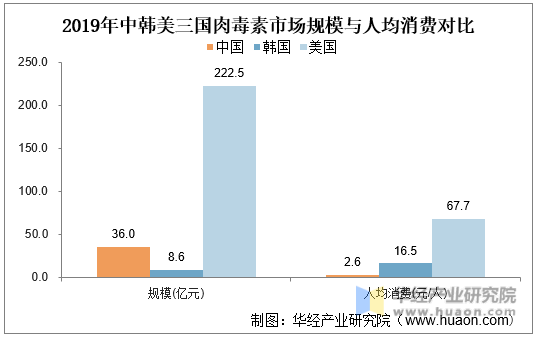 2019年中韩美三国肉毒素市场规模与人均消费对比