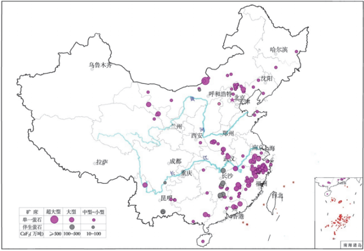 我国萤石矿床分布情况