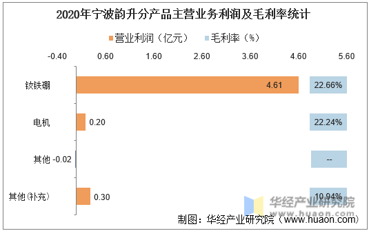 2020年宁波韵升分产品主营业务利润及毛利率统计