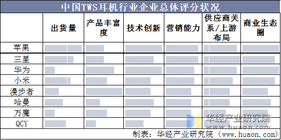 中国TWS耳机行业企业总体评分状况