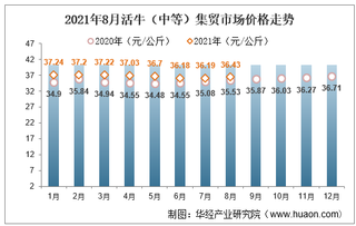 2021年8月活牛（中等）集贸市场价格走势及增速分析