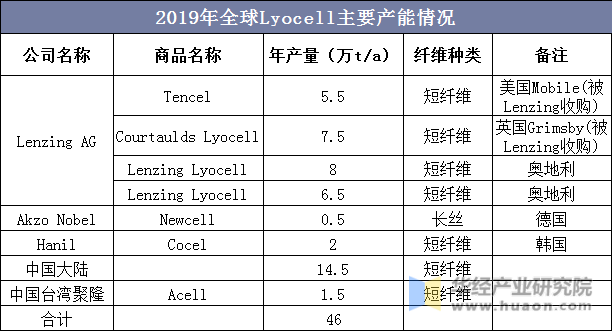 2019年全球Lyocell主要产能情况