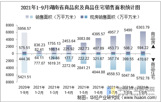 2021年1-9月湖南省商品房及商品住宅销售面积统计图