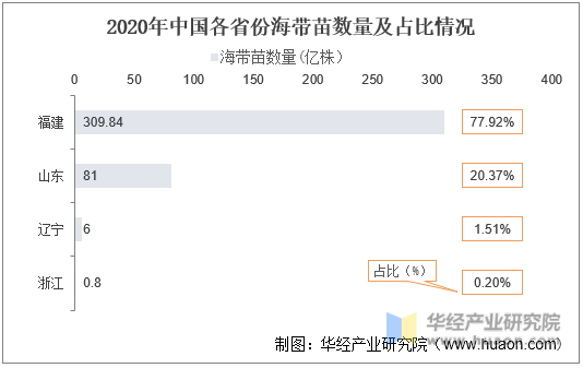 2020年中国各省份海带苗数量及占比情况