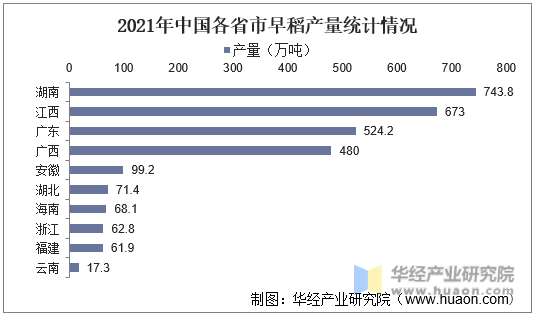 2021年中国各省市早稻产量统计情况
