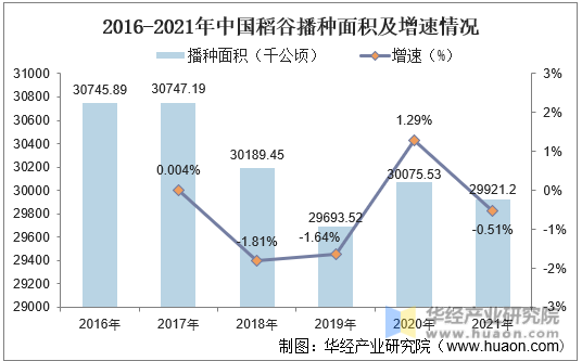 2016-2021年中国稻谷播种面积及增速情况