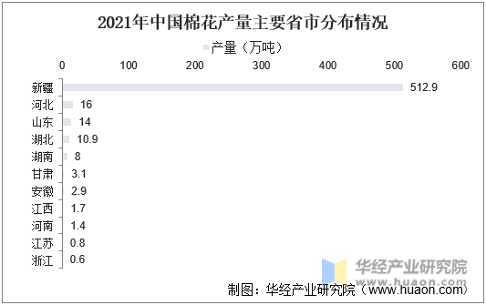 2021年中国棉花产量主要省市分布情况