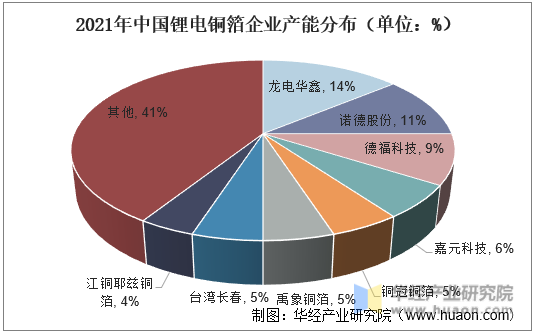 2021年中国锂电铜箔企业产能分布（单位：%）