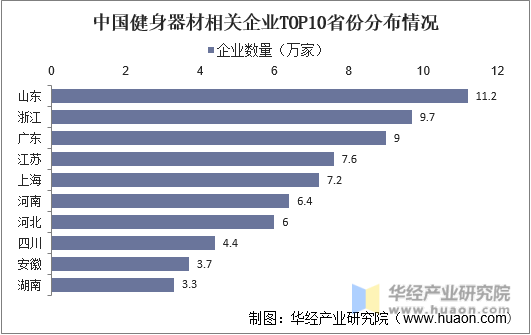中国健身器材相关企业TOP10省份情况