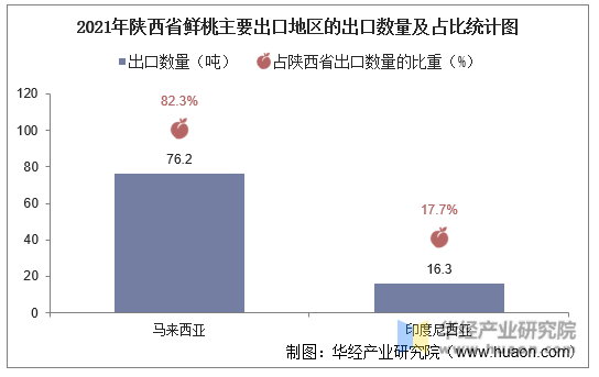 2021年陕西省鲜桃主要出口地区的出口数量及占比统计图