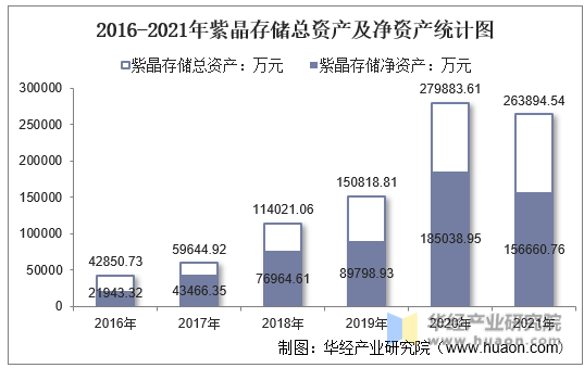 2016-2021年紫晶存储总资产及净资产统计图