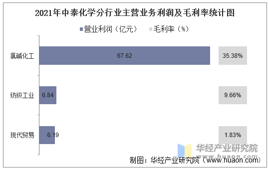 2021年中泰化学分行业主营业务利润及毛利率统计图