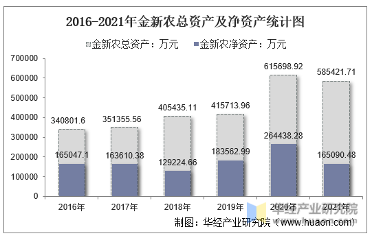 2016-2021年金新农总资产及净资产统计图