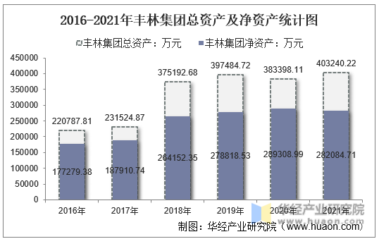 2016-2021年丰林集团总资产及净资产统计图