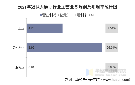 2021年冠城大通分行业主营业务利润及毛利率统计图