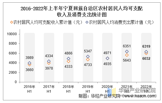 2016-2022年上半年宁夏回族自治区农村居民人均可支配收入及消费支出统计图