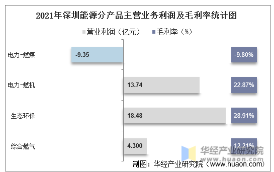 2021年深圳能源分产品主营业务利润及毛利率统计图